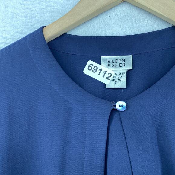 EILEEN FISHER Top S 90s Silk Twill Blouse One Button Long Sleeve Blue Vintage - Picture 14 of 14